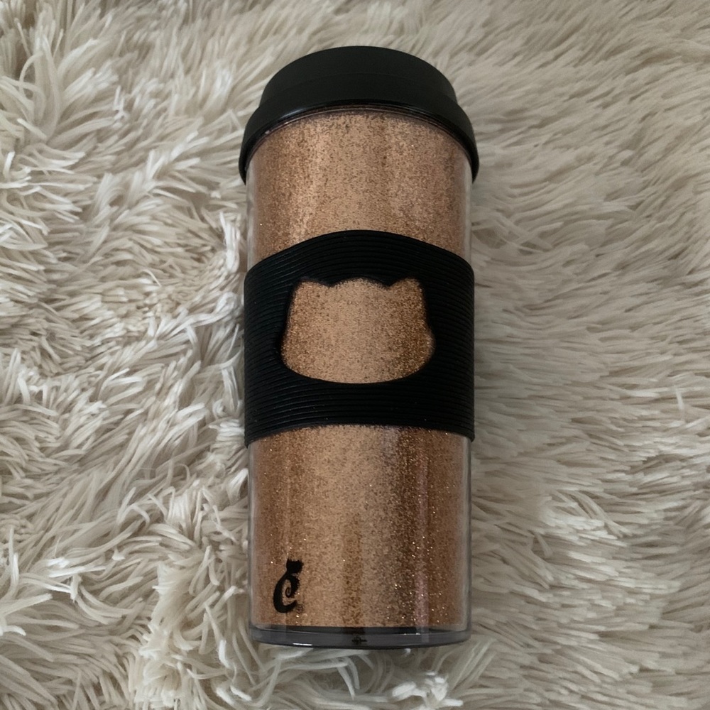 Gold glitter cat plastic coffee thermos